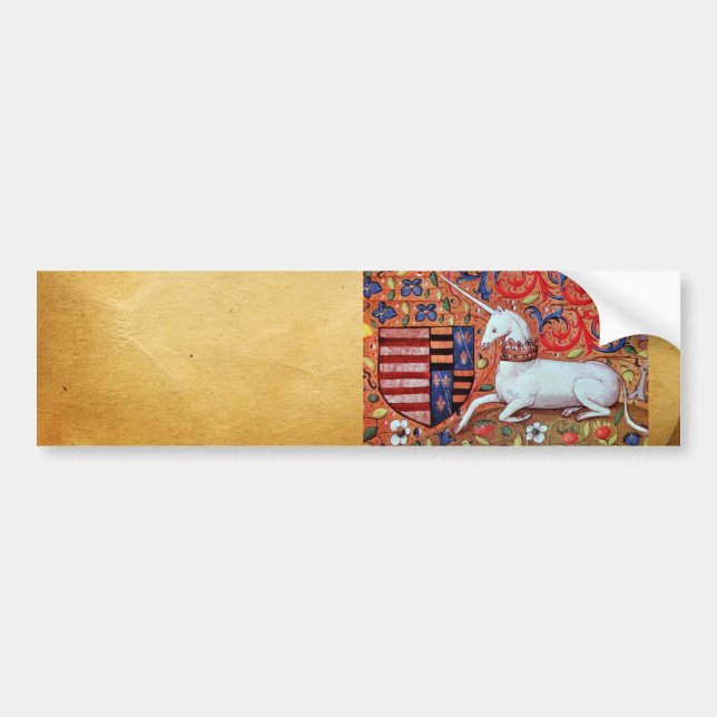 UNICORN AND MEDIEVAL FLOWERS,FANTASY FLORAL MOTIFS BUMPER STICKER (Front)