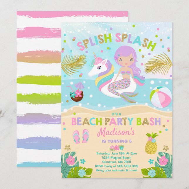 Unicorn And Mermaid Beach Party Invitation (Front/Back)