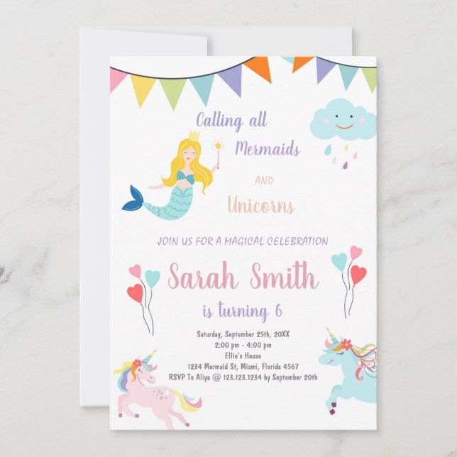 Unicorn and Mermaid Birthday Invitation (Front)