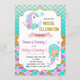 Unicorn and mermaid birthday invitation