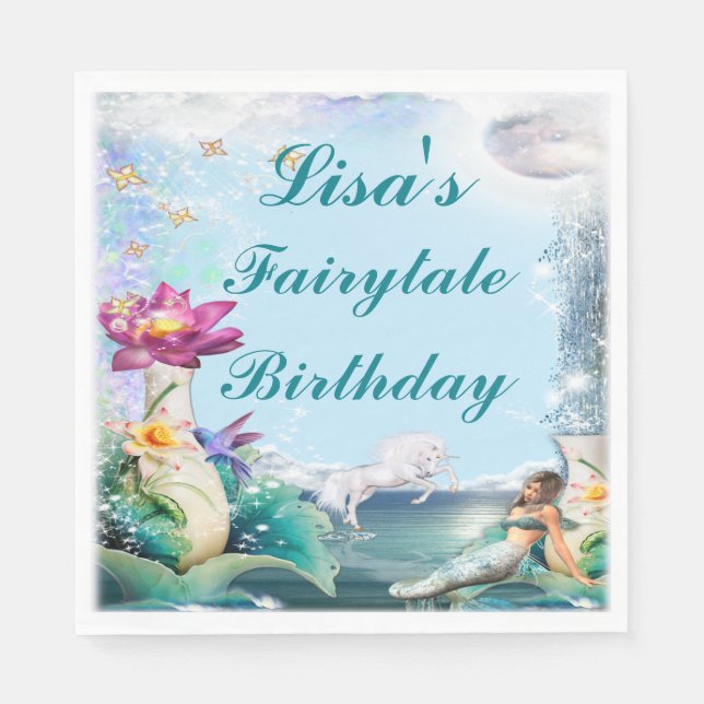 Unicorn And Mermaid Birthday Party Napkin (Front)
