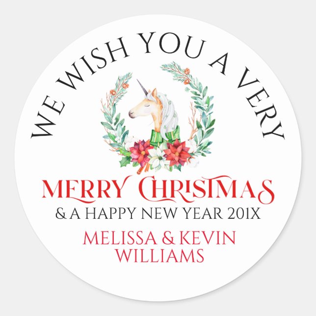 Unicorn and poinsettia Merry Christmas typography Classic Round Sticker (Front)