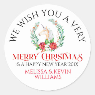 Unicorn and poinsettia Merry Christmas typography Classic Round Sticker