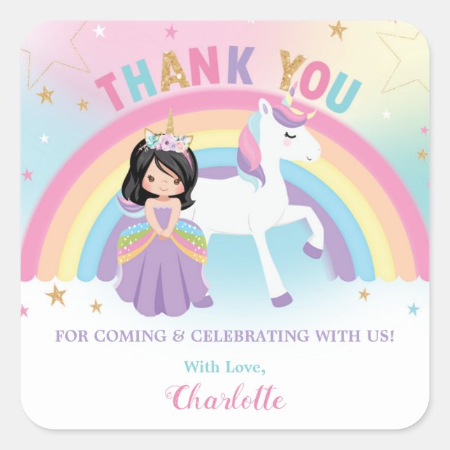 Unicorn and Princess Birthday Thank You Favour Square Sticker (Front)