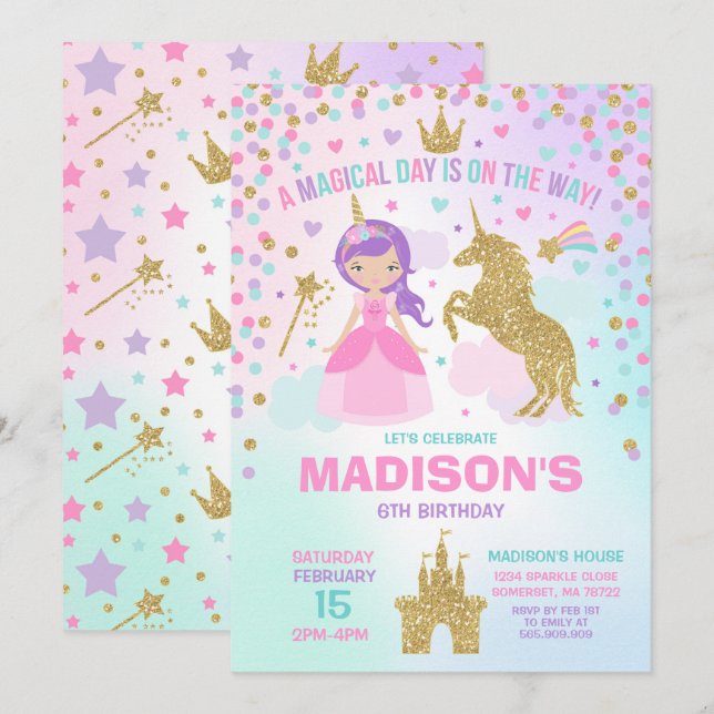 Unicorn And Princess Invitation Magical Birthday (Front/Back)