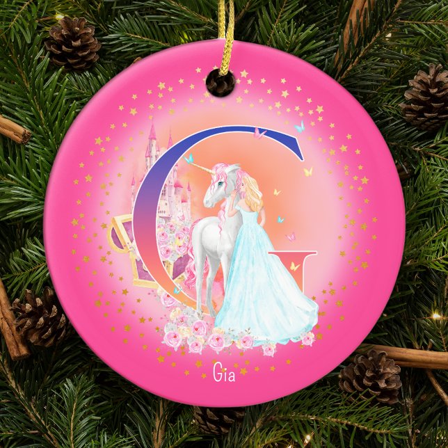 Unicorn and Princess Letter G Monogram Christmas Ceramic Ornament (This pretty pink monogrammed Christmas ornament is perfect for your little princess!)