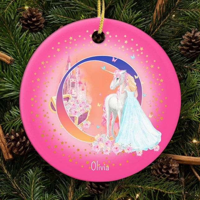Unicorn and Princess Letter O Monogram Christmas Ceramic Ornament (This pretty pink monogrammed Christmas ornament is perfect for your little princess!)