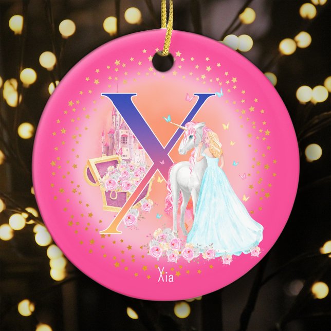 Unicorn and Princess Letter X Monogram Christmas Ceramic Ornament (This pretty pink monogrammed Christmas ornament is perfect for your little princess!)