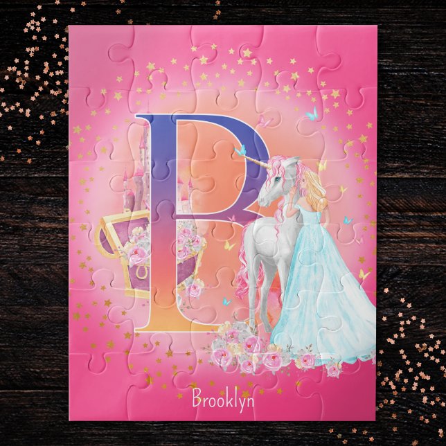 Unicorn and Princess with Castle Letter B Monogram Jigsaw Puzzle (Creator Uploaded)