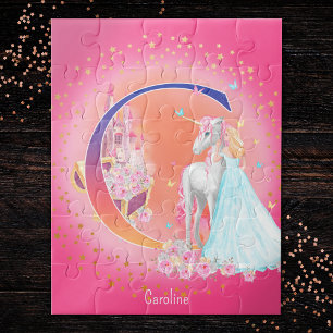 Unicorn and Princess with Castle Letter C Monogram Jigsaw Puzzle