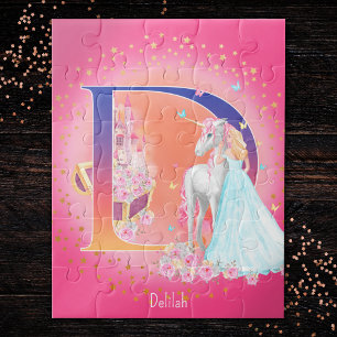 Unicorn and Princess with Castle Letter D Monogram Jigsaw Puzzle