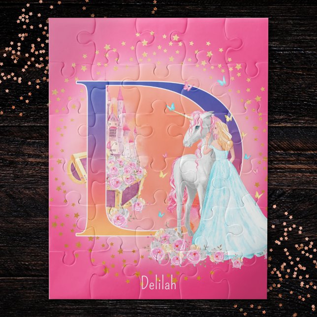Unicorn and Princess with Castle Letter D Monogram Jigsaw Puzzle (Creator Uploaded)