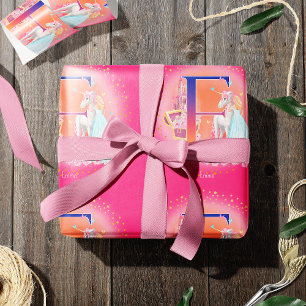 Unicorn and Princess with Castle Letter E Monogram Wrapping Paper