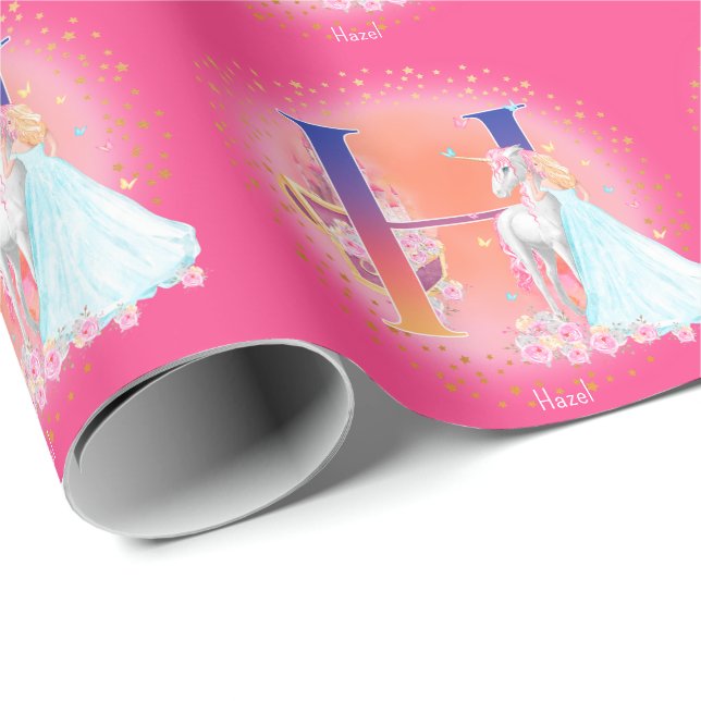 Unicorn and Princess with Castle Letter H Monogram Wrapping Paper (Roll Corner)
