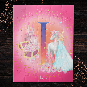 Unicorn and Princess with Castle Letter I Monogram Jigsaw Puzzle
