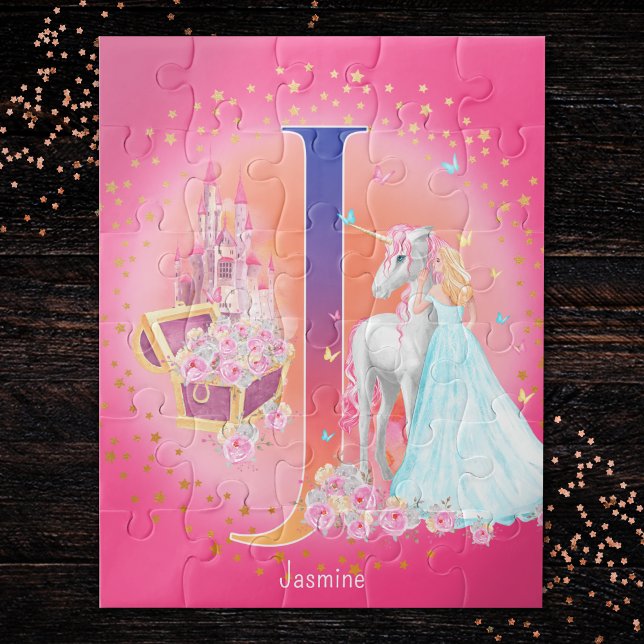 Unicorn and Princess with Castle Letter J Monogram Jigsaw Puzzle (Creator Uploaded)