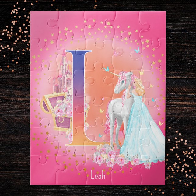Unicorn and Princess with Castle Letter L Monogram Jigsaw Puzzle (Creator Uploaded)