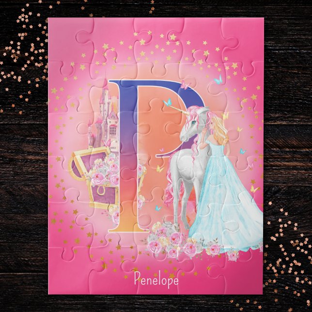 Unicorn and Princess with Castle Letter P Monogram Jigsaw Puzzle (Creator Uploaded)