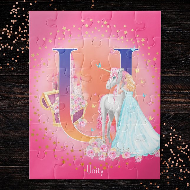 Unicorn and Princess with Castle Letter U Monogram Jigsaw Puzzle (Creator Uploaded)