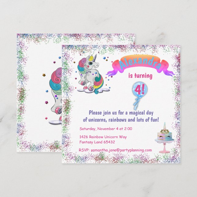Unicorn and Rainbow Glitter Birthday Invitation (Front/Back)