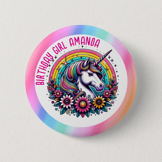 Unicorn and Rainbow Personalized Birthday Girl 2 Inch Round Button (Front)