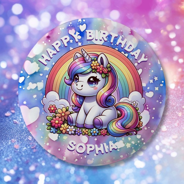 Unicorn and Rainbow Personalized Birthday Girl 2 Inch Round Button (Creator Uploaded)