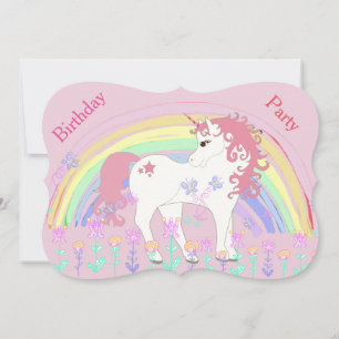 Unicorn and Rainbow Pink Birthday Invitations