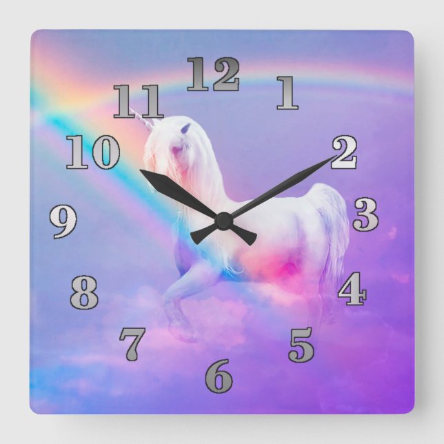 Unicorn and Rainbow Square Wall Clock (Front)