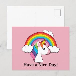Unicorn and Rainbow w Clouds Kawaii Personalize Holiday Postcard