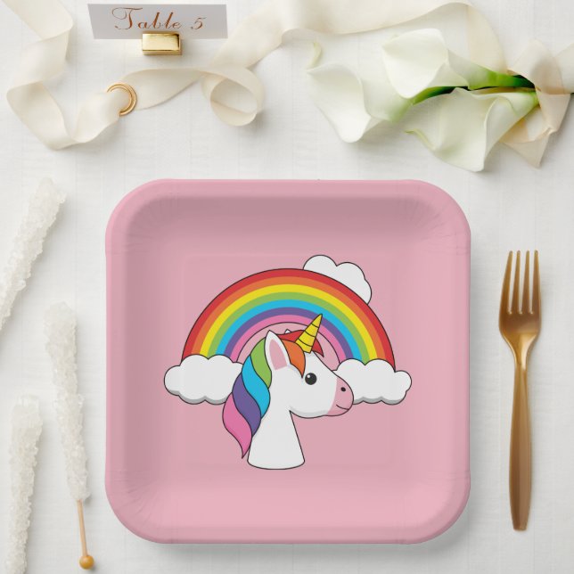 Unicorn and Rainbow with Clouds Kawaii Paper Plate (Wedding)