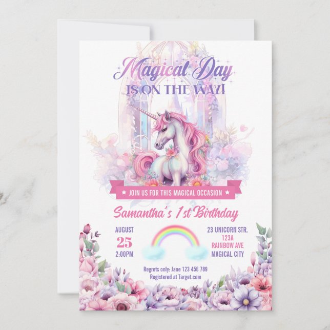 Unicorn and Rainbows Birthday Party Invitation (Front)