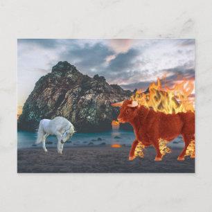 Unicorn and Red Flaming Bull on Beach Postcard