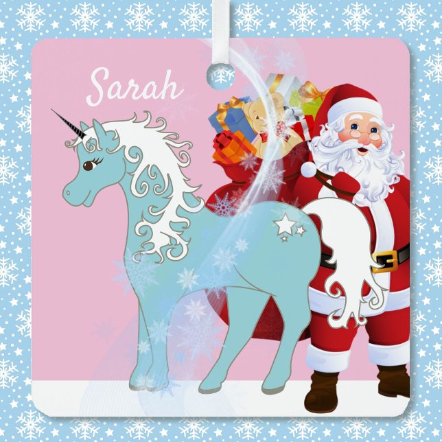 Unicorn and Santa Claus Christmas Tree Add Name  Metal Ornament (Creator Uploaded)