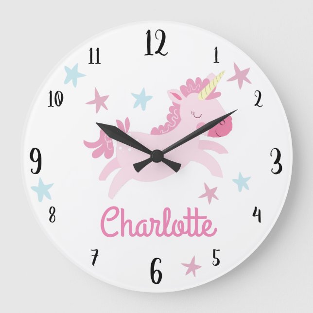 Unicorn and Stars Custom Kids Name Nursery Large Clock (Front)