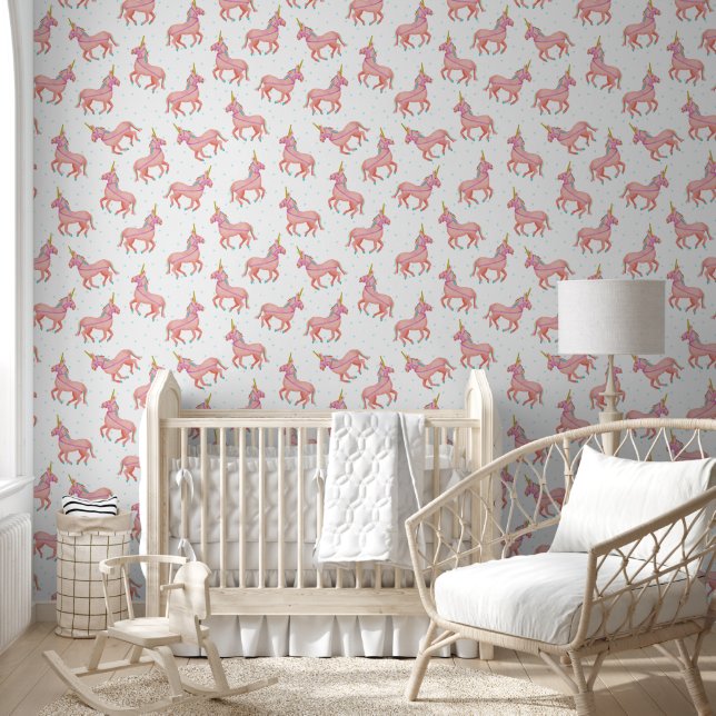 Unicorn and Stars Pattern Cute Pink White Wallpaper (Kids)