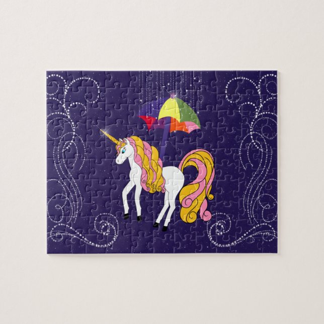 Unicorn and Umbrella Whimsical Cartoon Art Jigsaw Puzzle (Horizontal)
