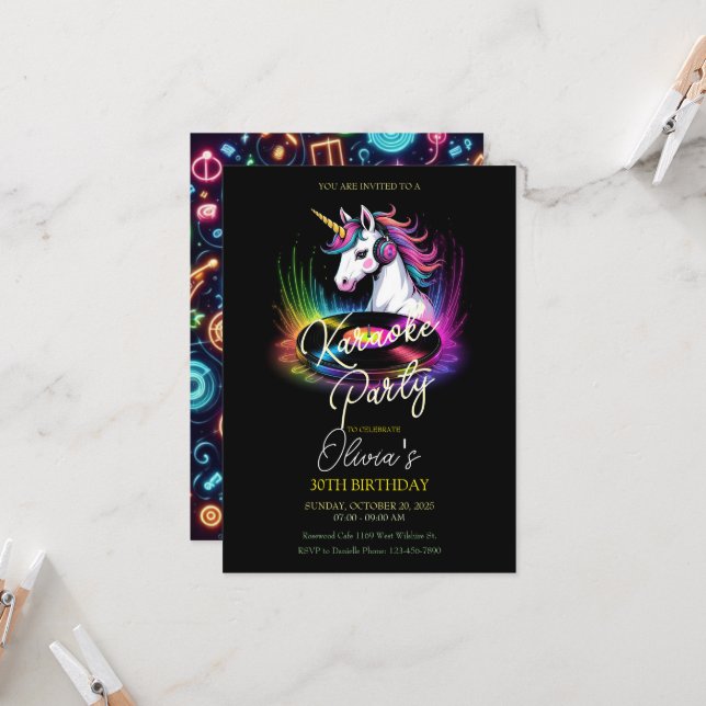 Unicorn and Vinyl Karaoke Birthday Party  Invitation (Front/Back In Situ)