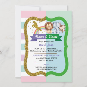 Unicorn & Animals Joint 2 Children Birthday Invitation