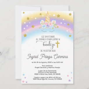 Unicorn anniversaire baptism invitation Espagnol.
