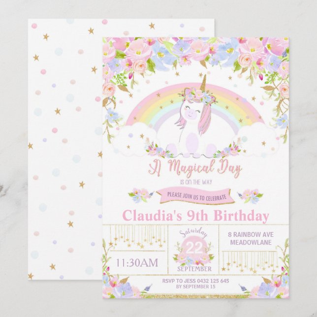 Unicorn Anniversaire Fête Invitation Floral Arc-en (Devant / Derrière)