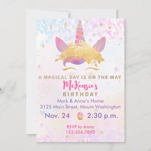 Unicorn Anniversaire Fête Invitation Magique Metal (Devant)