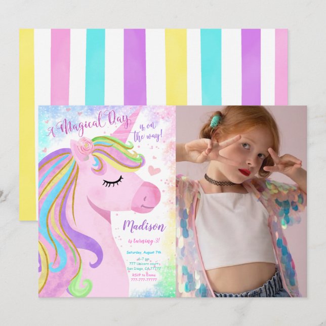 Unicorn Anniversaire Fête Photo Invitation (Devant / Derrière)