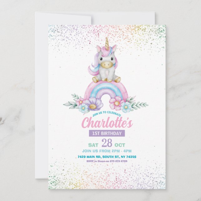 Unicorn Anniversaire Invitation fille Rainbow Part (Devant)