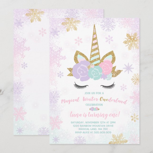 Unicorn Anniversaire Invitation Hiver Unicorn Part (Devant / Derrière)