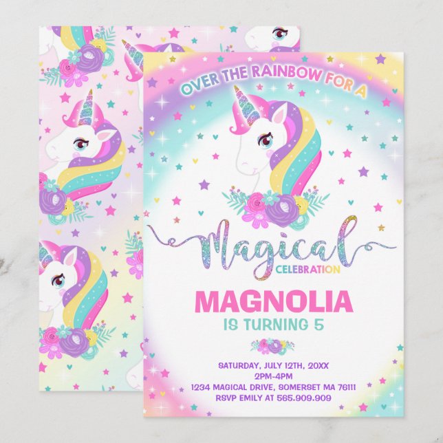 Unicorn Anniversaire Invitation Magique Unicorn Pa (Devant / Derrière)
