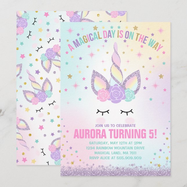 Unicorn Anniversaire Invitation Magique Unicorn Pa (Devant / Derrière)