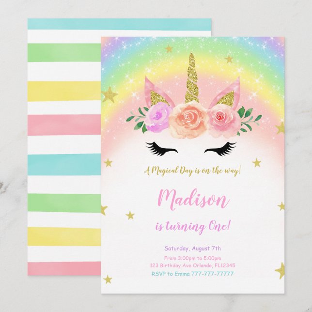 Unicorn Anniversaire Magique Fête Invitation (Devant / Derrière)