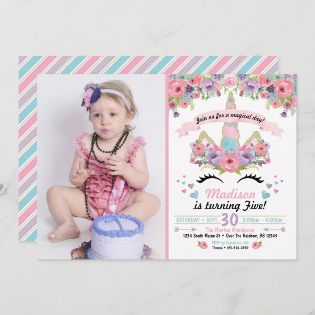Unicorn Anniversaire Photo Invitation (Devant / Derrière)