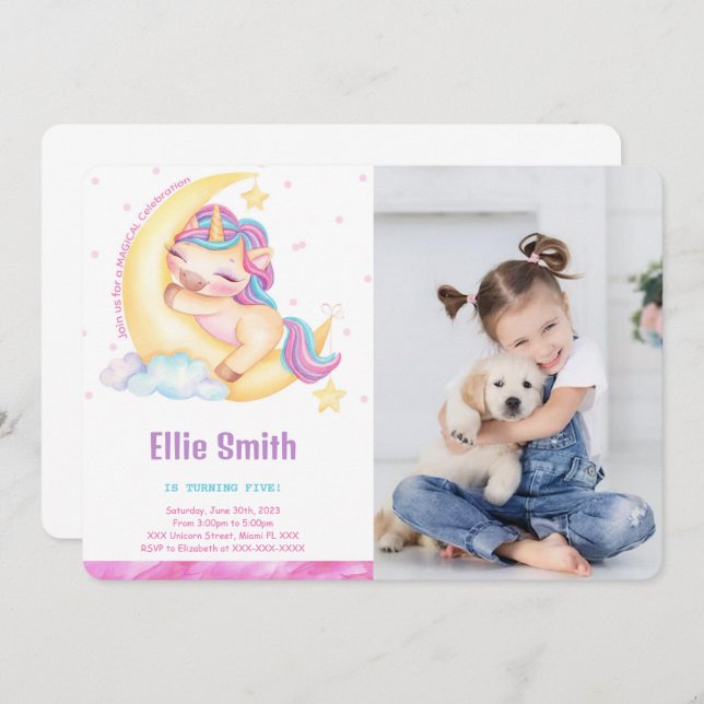 Unicorn Anniversaire Photo Invitation (Devant / Derrière)