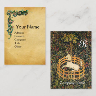 UNICORN /Antique Floral Brown Parchment Monogram Business Card